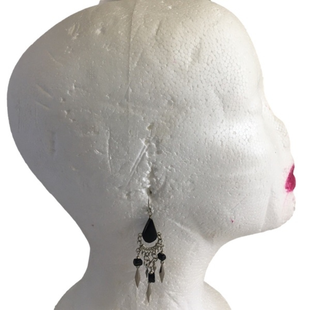 Black MARBLE SILVER TONE PUNK DANGLING EARRINGS‎